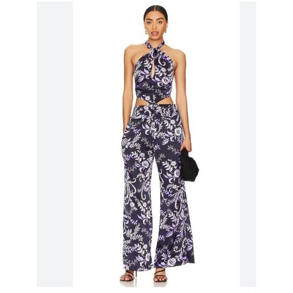NWMisa LA Laya Indigo Vines Halter Wide Leg Cut Out Jumpsuit Purple Size S - Picture 2 of 11